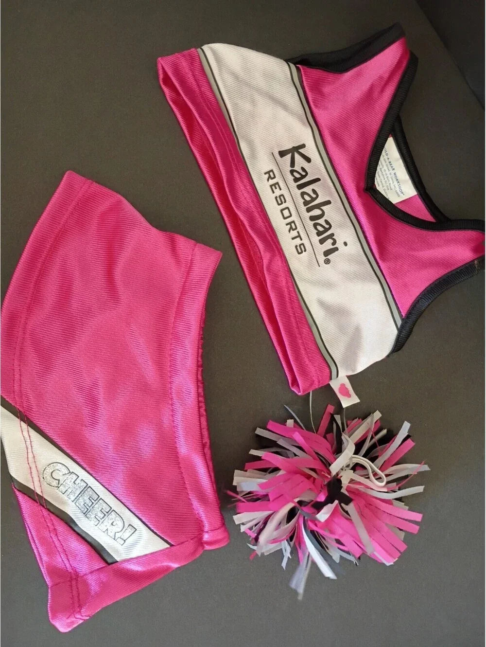 RARE Build A Bear Pink Cheerleader Kalahari Resorts Top Skirt Pom Pom Outfit Set